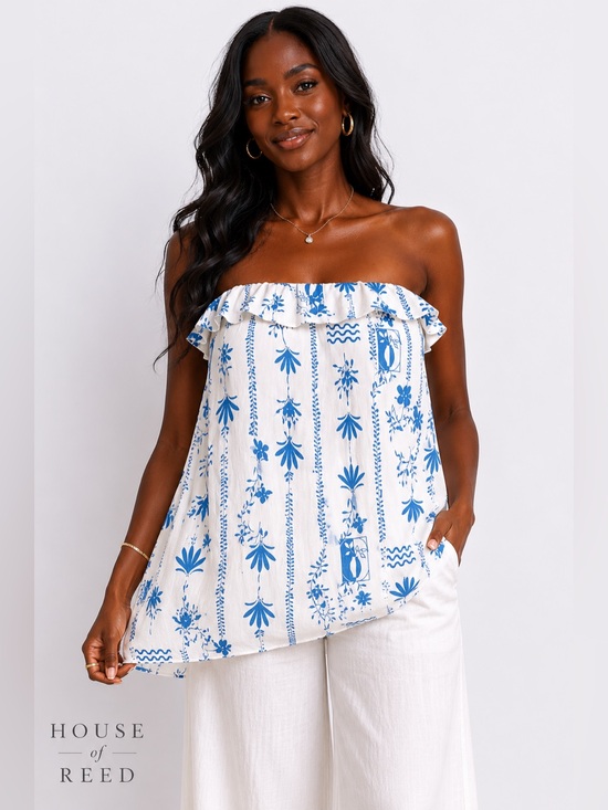 wild fable Other - Wild Fable Blue White Strapless Linen Blend Peplum Blouse Size‎ Large Coastal
